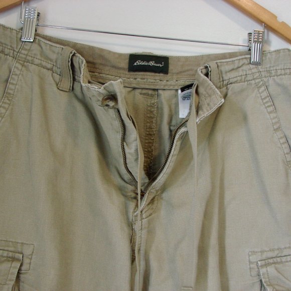 Khaki Cargo Shorts Flat Front Eddie Bauer Linen Cotton Utility Pockets Size 34 - Picture 4 of 10